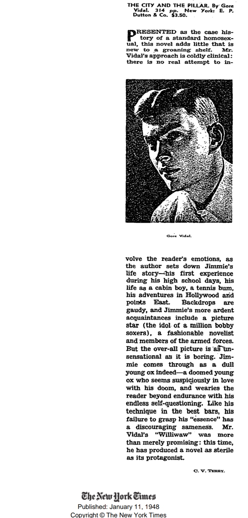 The City and the Pillar, 1948, New York Times Review